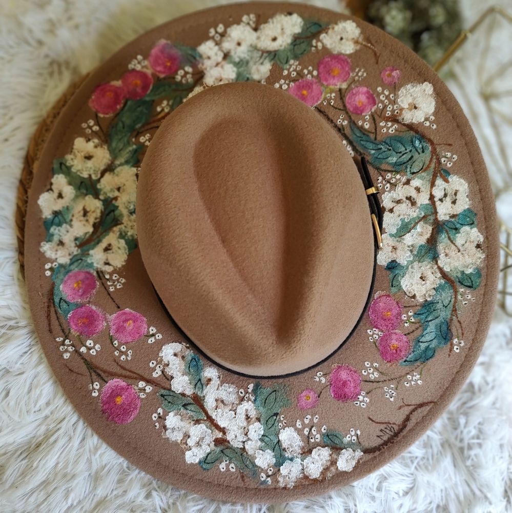 Hand painted hat with cotton & rose pattern.